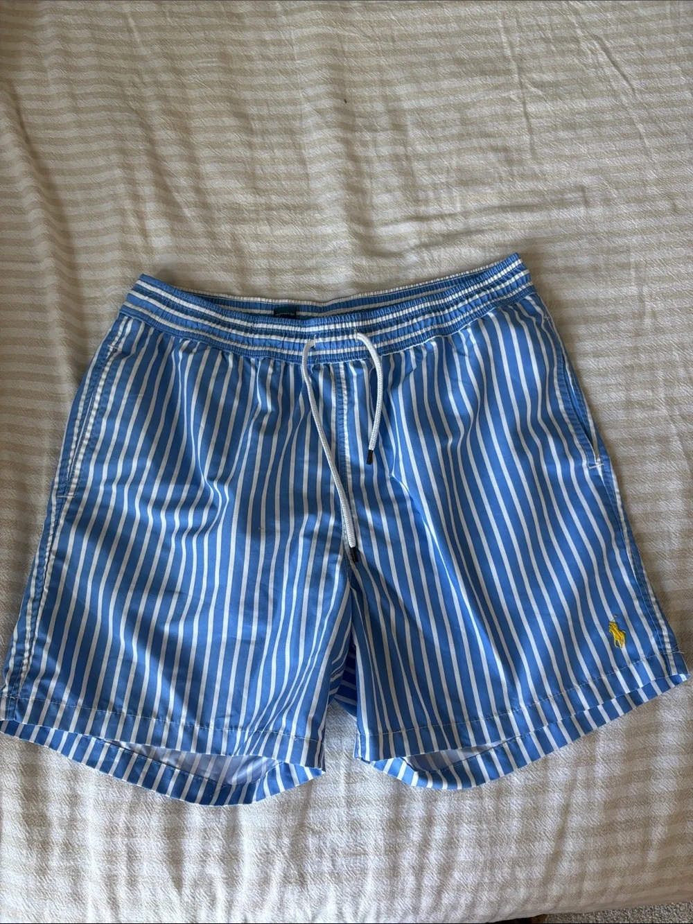 Polo by Ralph Lauren Blue & White Vertical Stripe Swim Trunks